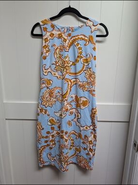 J. McLaughlin Light Blue & Gold Paisley Midi Shift Dress, Small